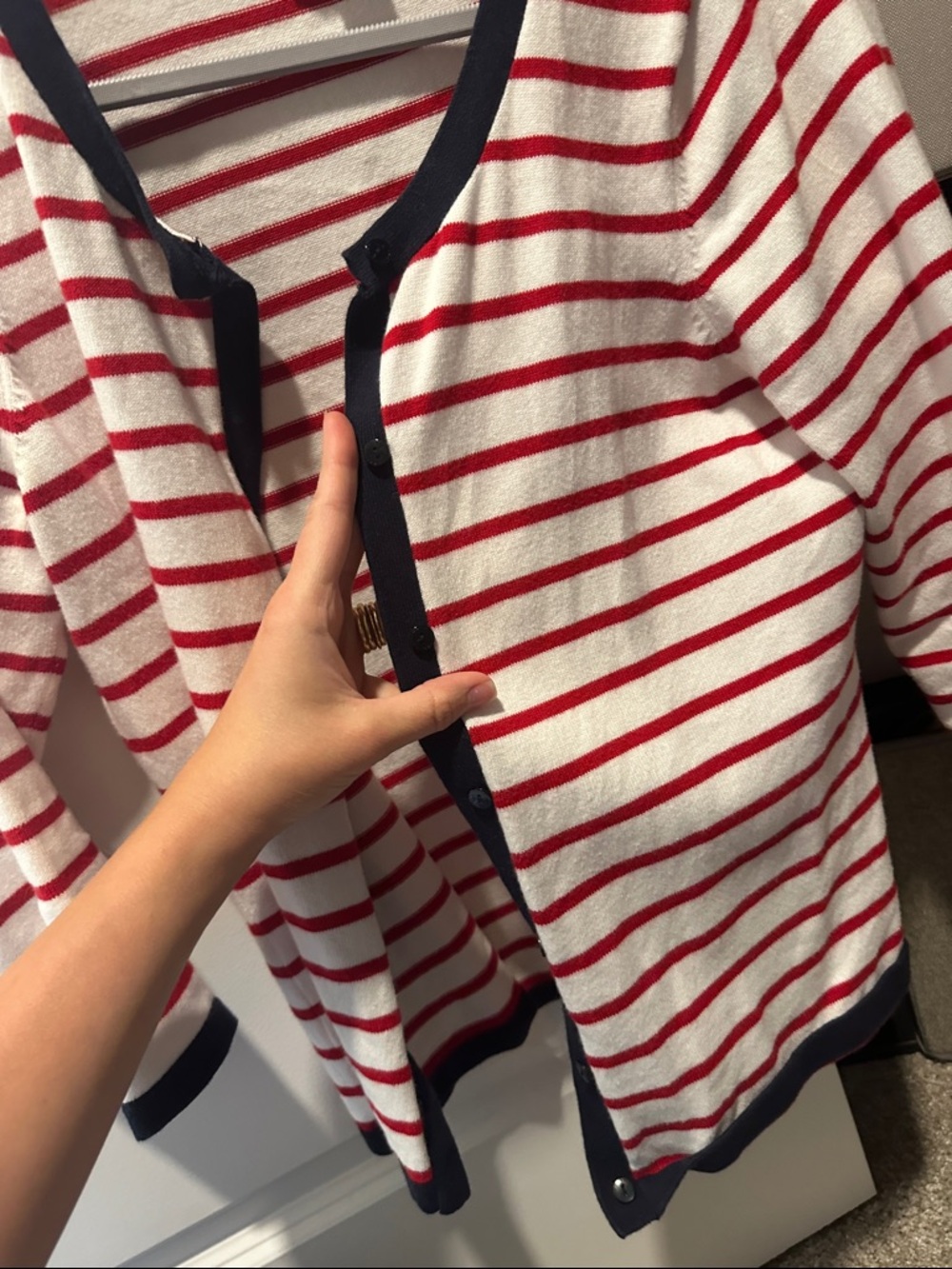 Talbots Red and White Striped Open-Front Cardigan with Navy Trim - Picture 3 of 3